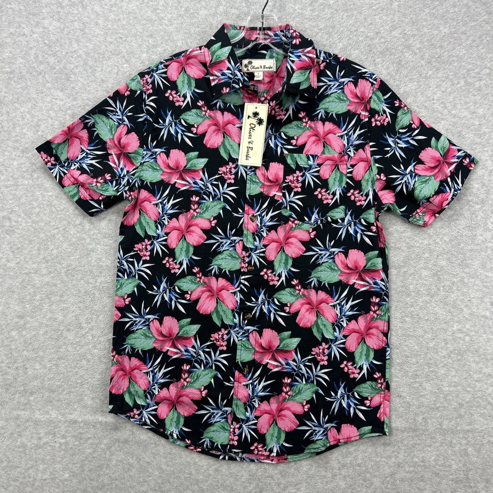 Oliver Burke Shirt‎ Mens Small Black Floral Hawaiian Tropical Beach Resort NEW